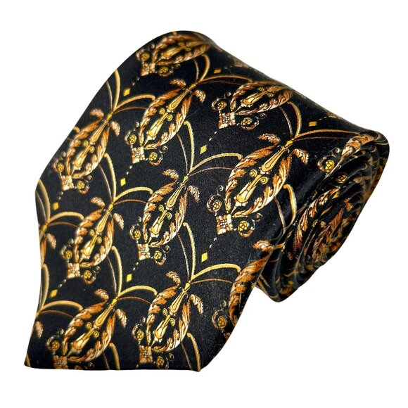 Halston Men's NWT Imported Silk Black Gold Necktie Tie - Picture 1 of 6